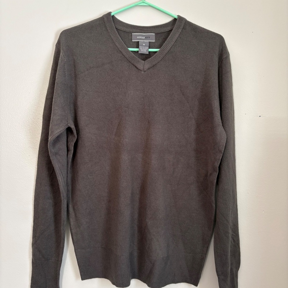 Morgan City Mens V-Neck Sweater Brown Medium Polyester Long Sleeve Ribbed Trim‎